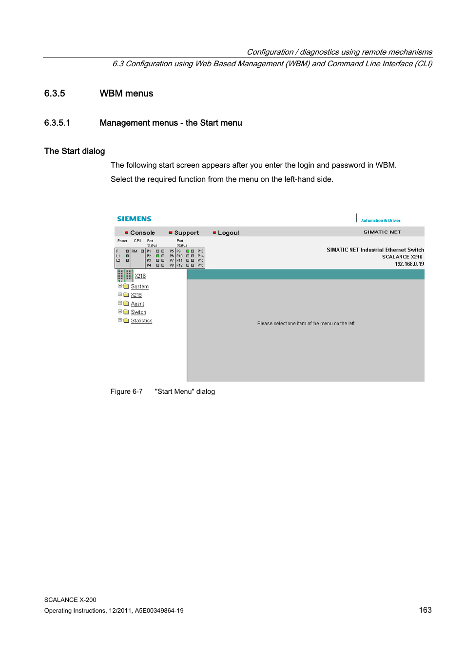 5 wbm menus, 1 management menus - the start menu | Siemens Industrial Ethernet Switches SCALANCE X-200 User Manual | Page 163 / 296