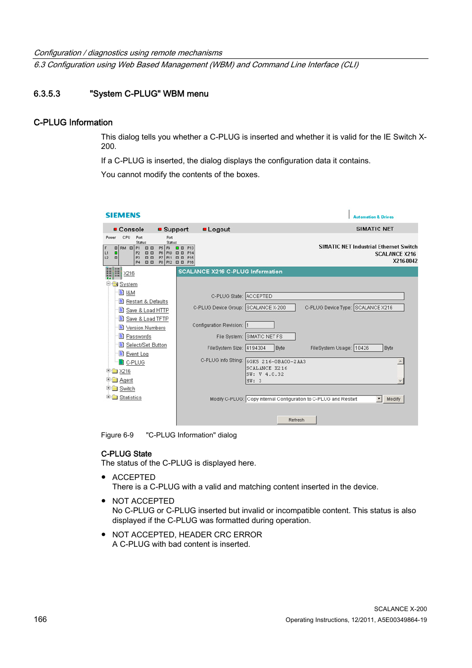 3 "system c-plug" wbm menu | Siemens Industrial Ethernet Switches SCALANCE X-200 User Manual | Page 166 / 296