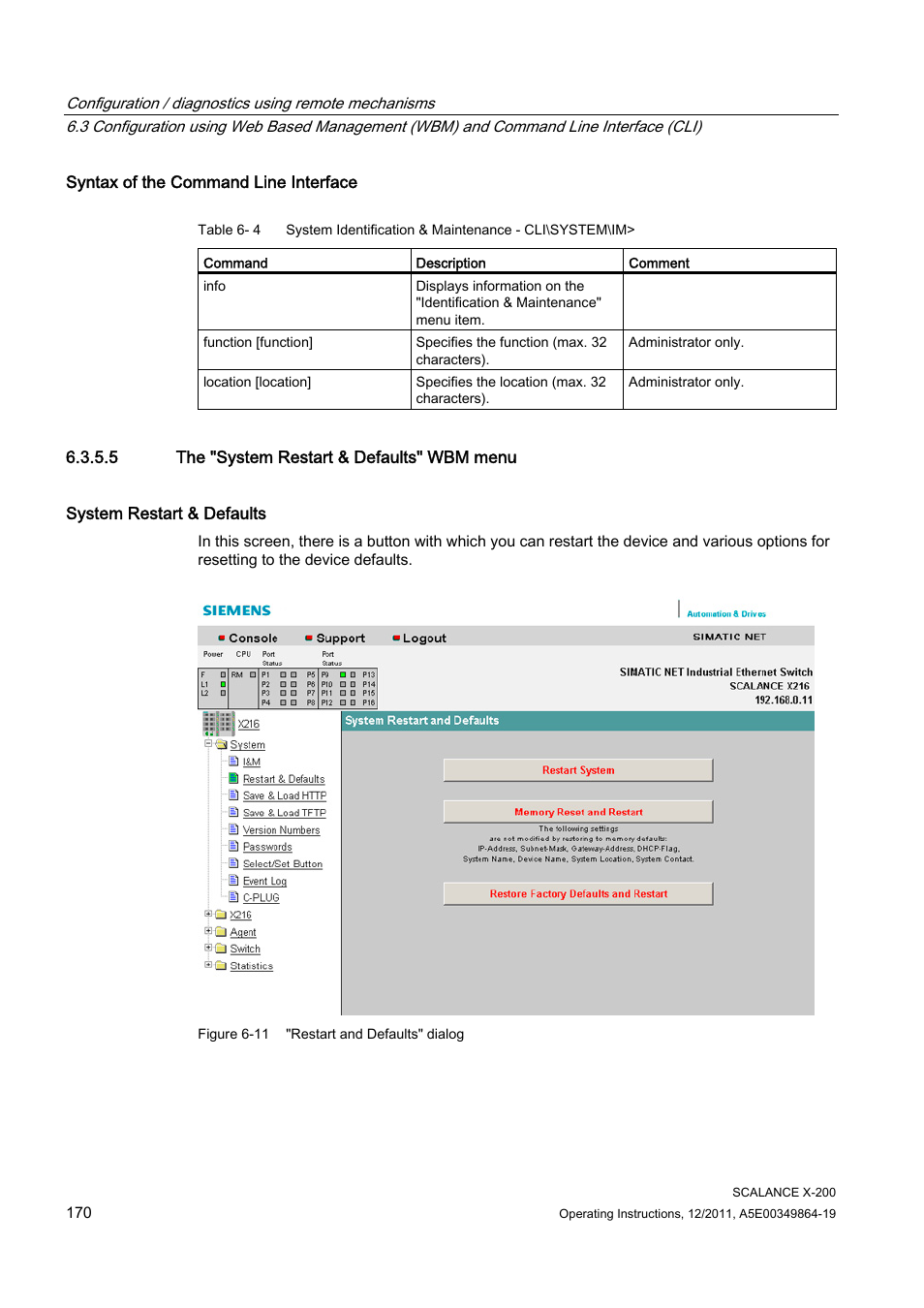 5 the "system restart & defaults" wbm menu | Siemens Industrial Ethernet Switches SCALANCE X-200 User Manual | Page 170 / 296