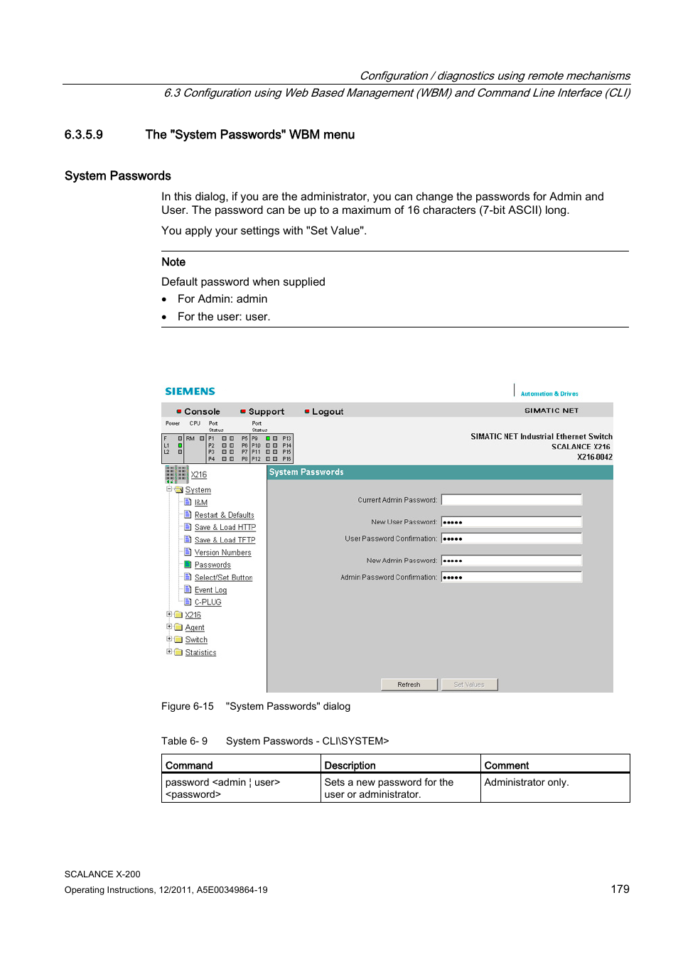 9 the "system passwords" wbm menu | Siemens Industrial Ethernet Switches SCALANCE X-200 User Manual | Page 179 / 296