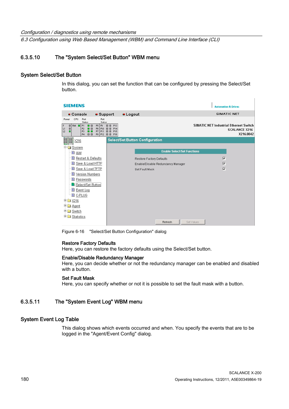 10 the "system select/set button" wbm menu, 11 the "system event log" wbm menu | Siemens Industrial Ethernet Switches SCALANCE X-200 User Manual | Page 180 / 296