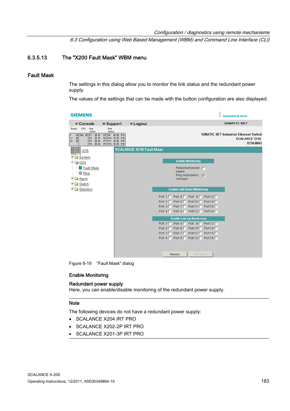 13 the "x200 fault mask" wbm menu | Siemens Industrial Ethernet Switches SCALANCE X-200 User Manual | Page 183 / 296