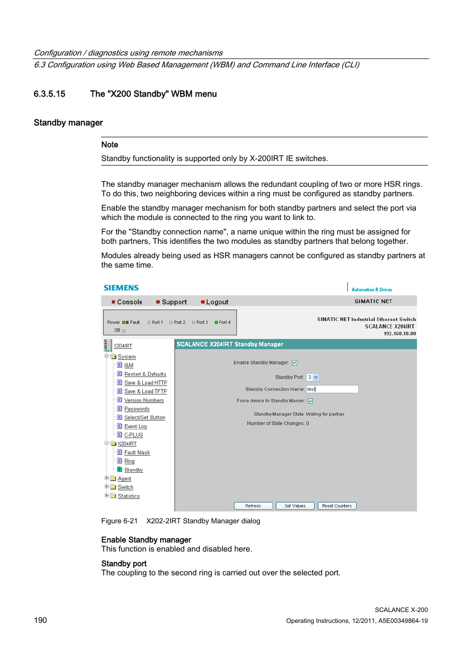 15 the "x200 standby" wbm menu | Siemens Industrial Ethernet Switches SCALANCE X-200 User Manual | Page 190 / 296