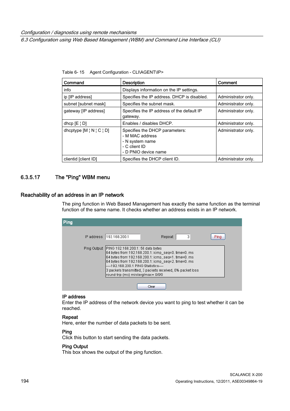 17 the "ping" wbm menu | Siemens Industrial Ethernet Switches SCALANCE X-200 User Manual | Page 194 / 296