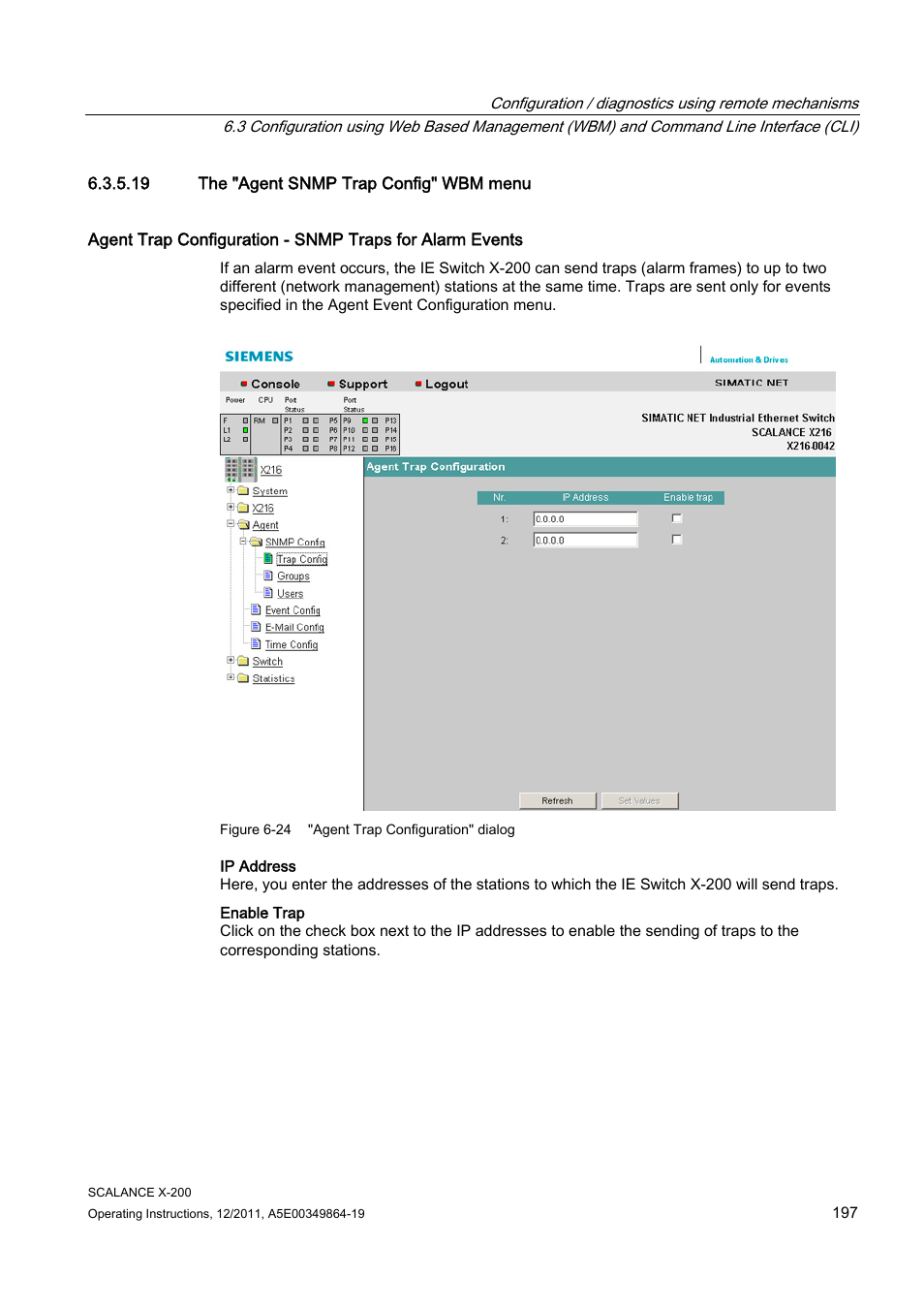 19 the "agent snmp trap config" wbm menu | Siemens Industrial Ethernet Switches SCALANCE X-200 User Manual | Page 197 / 296