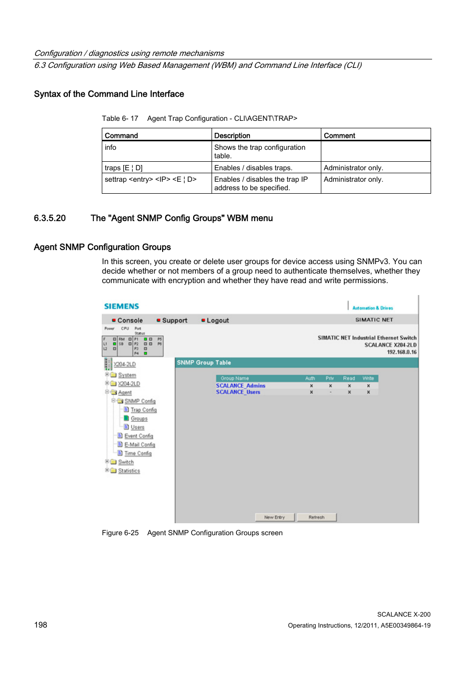 20 the "agent snmp config groups" wbm menu | Siemens Industrial Ethernet Switches SCALANCE X-200 User Manual | Page 198 / 296