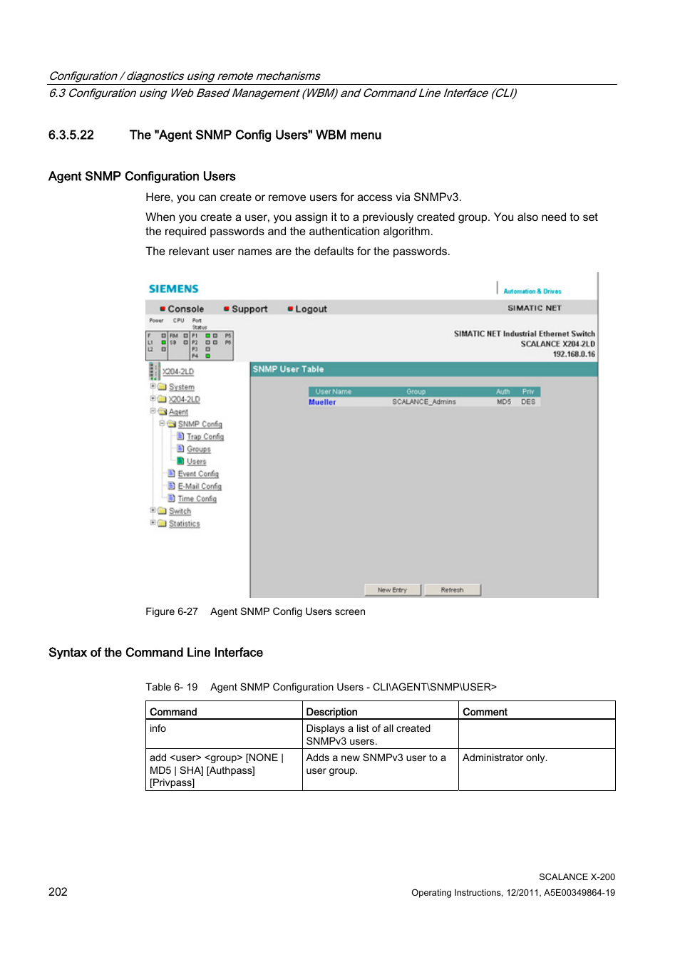 22 the "agent snmp config users" wbm menu | Siemens Industrial Ethernet Switches SCALANCE X-200 User Manual | Page 202 / 296