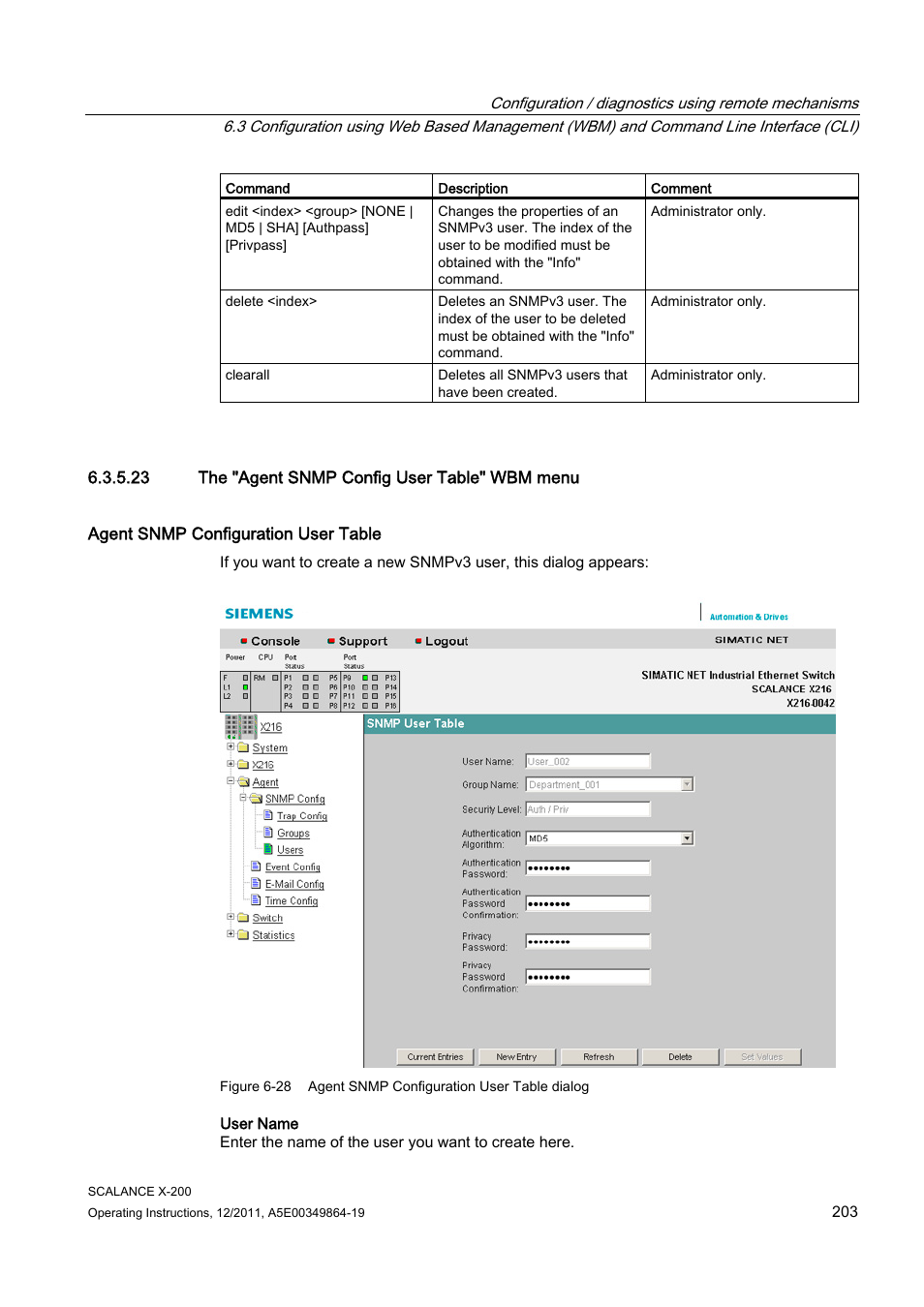 23 the "agent snmp config user table" wbm menu | Siemens Industrial Ethernet Switches SCALANCE X-200 User Manual | Page 203 / 296