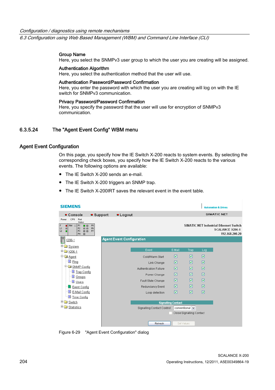 24 the "agent event config" wbm menu | Siemens Industrial Ethernet Switches SCALANCE X-200 User Manual | Page 204 / 296