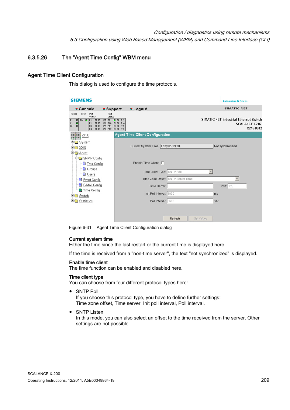 26 the "agent time config" wbm menu | Siemens Industrial Ethernet Switches SCALANCE X-200 User Manual | Page 209 / 296