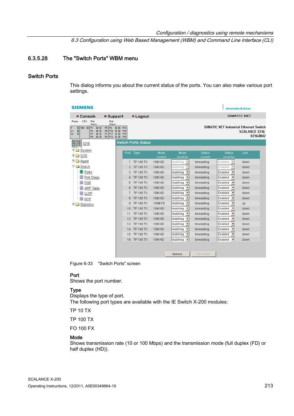 28 the "switch ports" wbm menu | Siemens Industrial Ethernet Switches SCALANCE X-200 User Manual | Page 213 / 296