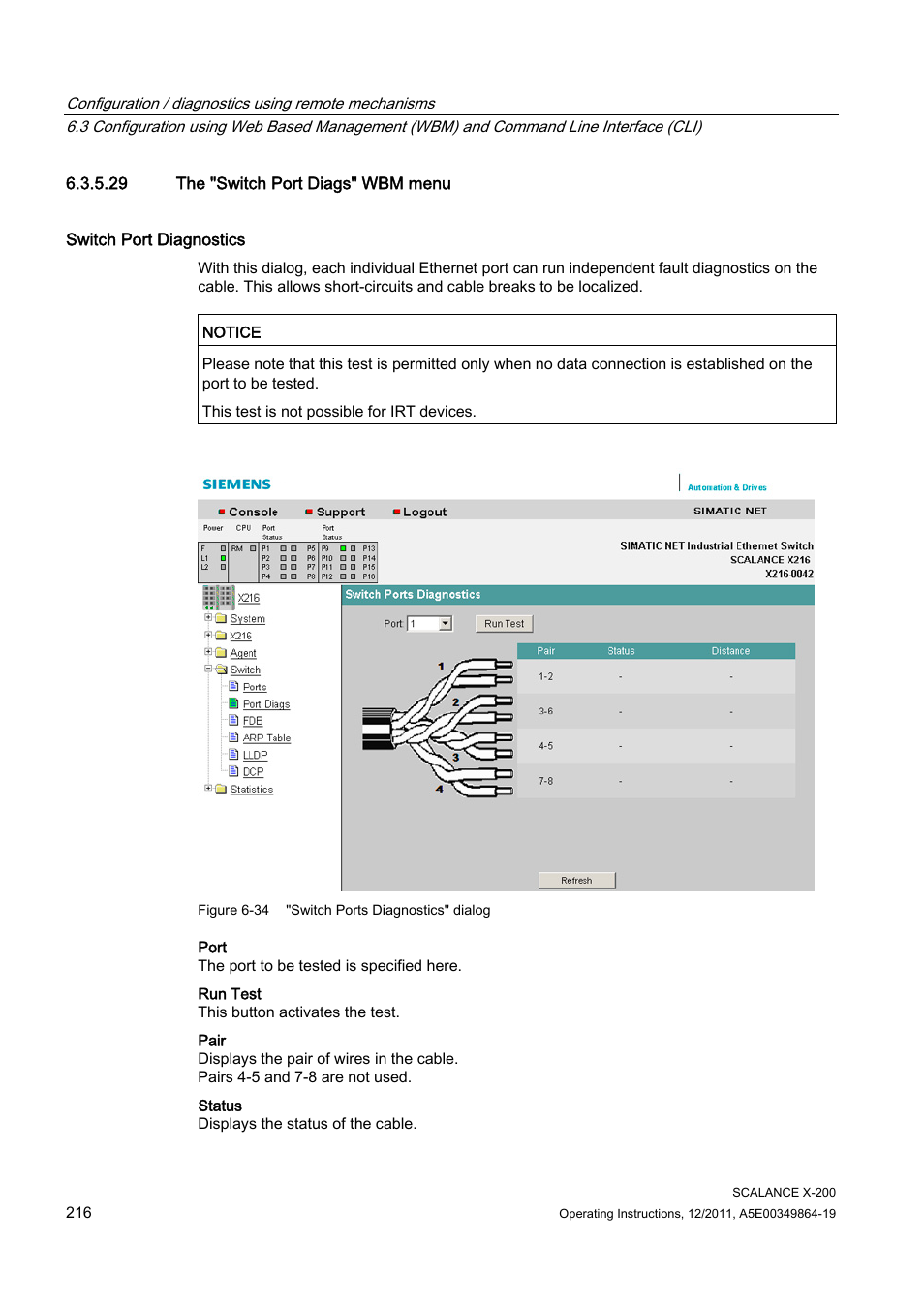 29 the "switch port diags" wbm menu | Siemens Industrial Ethernet Switches SCALANCE X-200 User Manual | Page 216 / 296