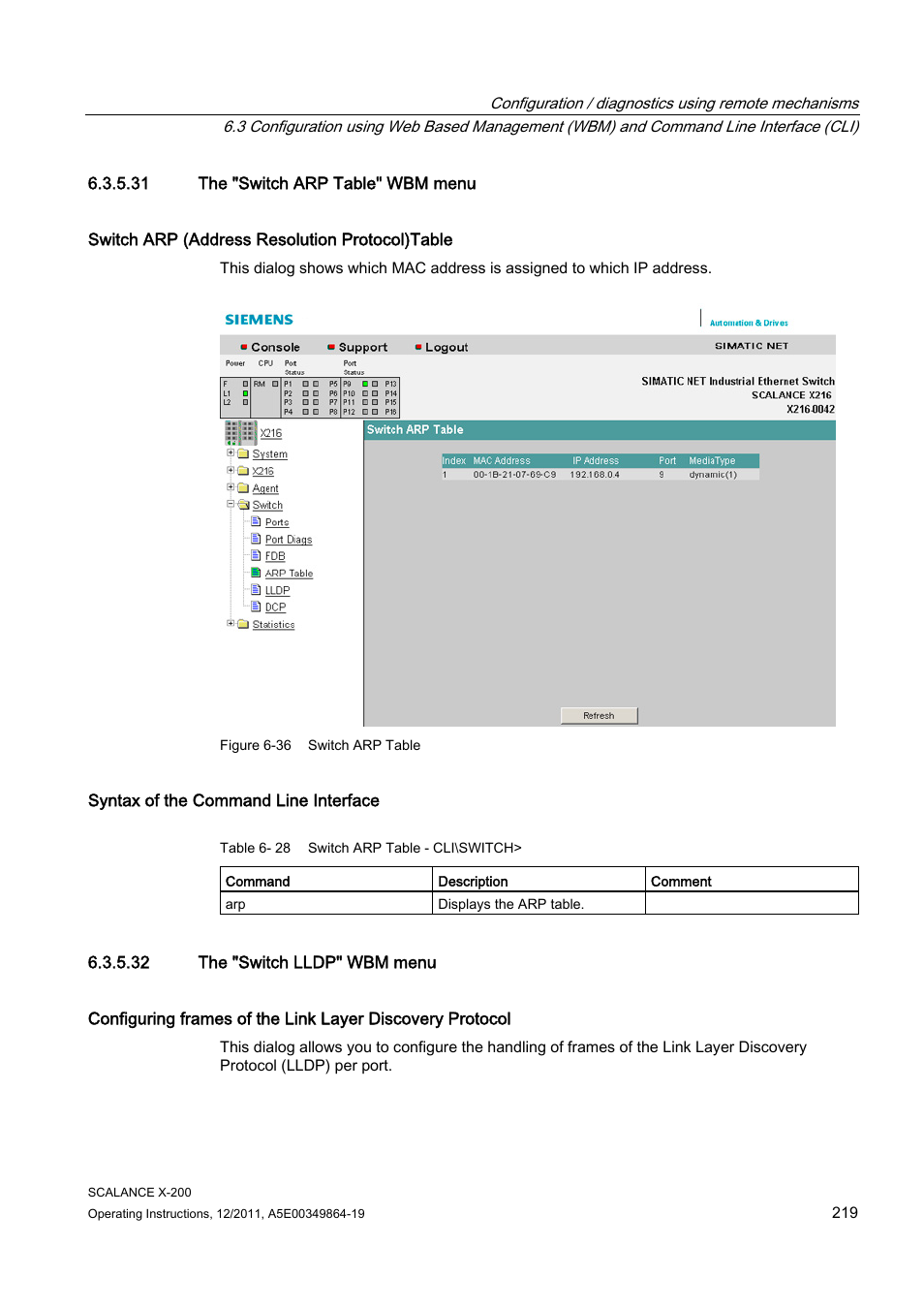 31 the "switch arp table" wbm menu, 32 the "switch lldp" wbm menu | Siemens Industrial Ethernet Switches SCALANCE X-200 User Manual | Page 219 / 296