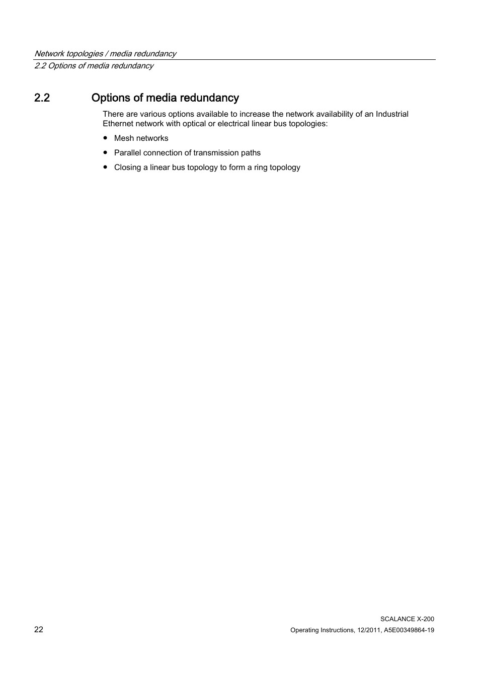 2 options of media redundancy | Siemens Industrial Ethernet Switches SCALANCE X-200 User Manual | Page 22 / 296