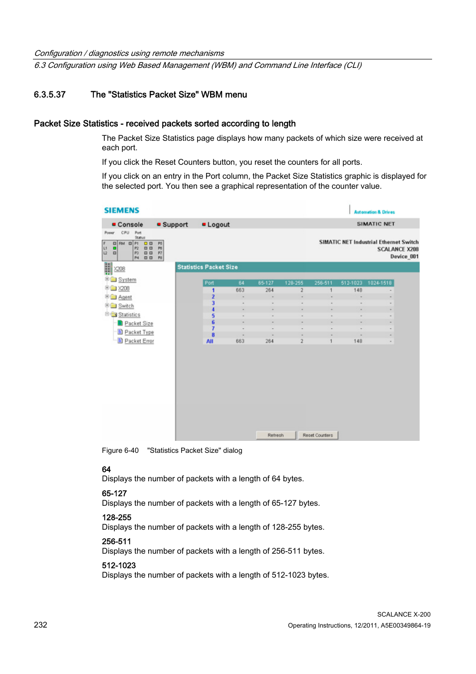 37 the "statistics packet size" wbm menu | Siemens Industrial Ethernet Switches SCALANCE X-200 User Manual | Page 232 / 296