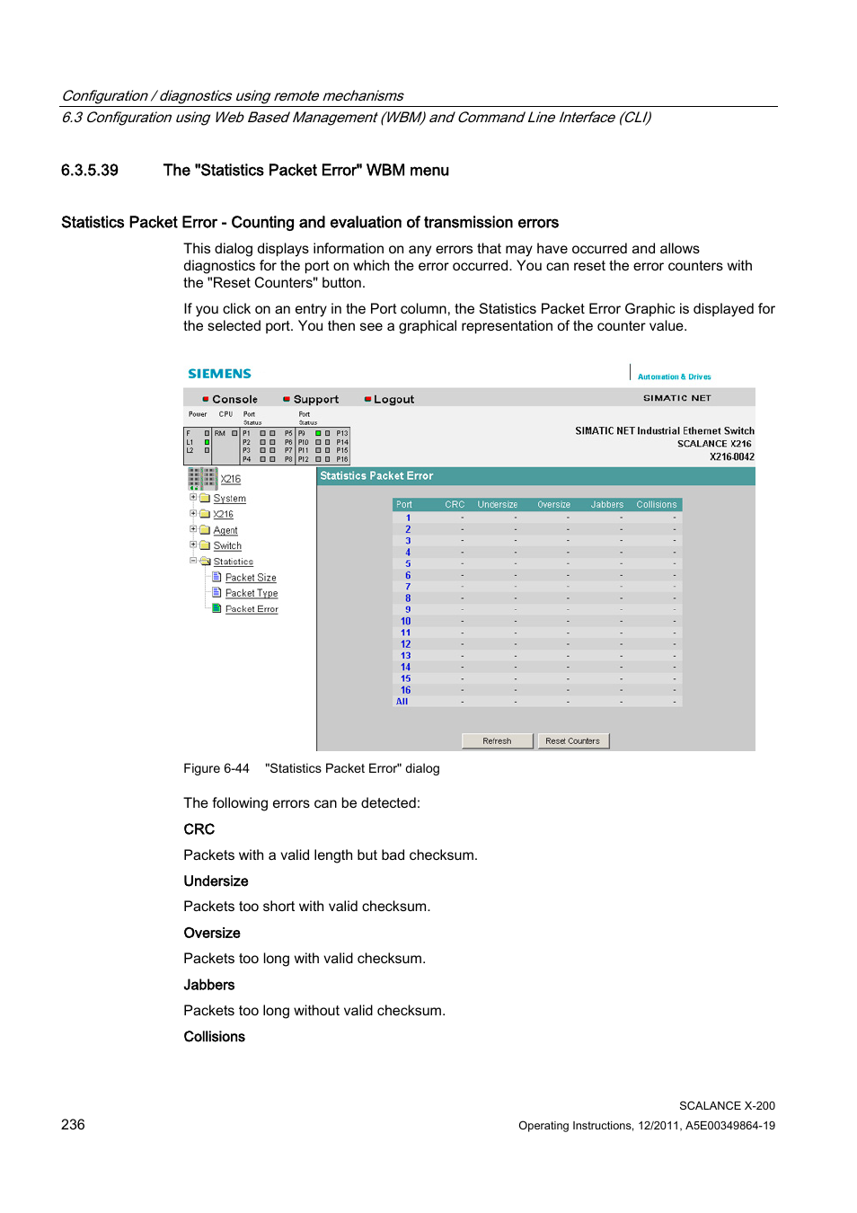 39 the "statistics packet error" wbm menu | Siemens Industrial Ethernet Switches SCALANCE X-200 User Manual | Page 236 / 296