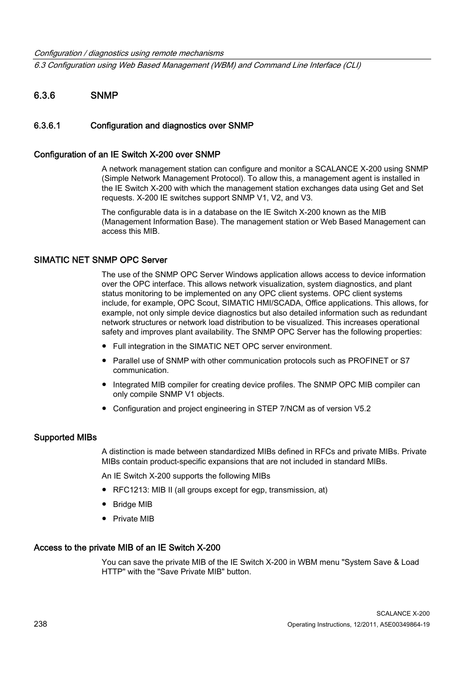 6 snmp, 1 configuration and diagnostics over snmp | Siemens Industrial Ethernet Switches SCALANCE X-200 User Manual | Page 238 / 296