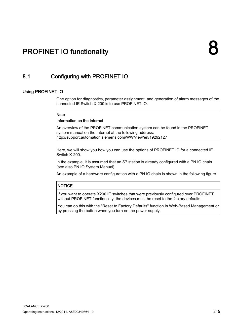 8 profinet io functionality, 1 configuring with profinet io, Profinet io functionality | Siemens Industrial Ethernet Switches SCALANCE X-200 User Manual | Page 245 / 296