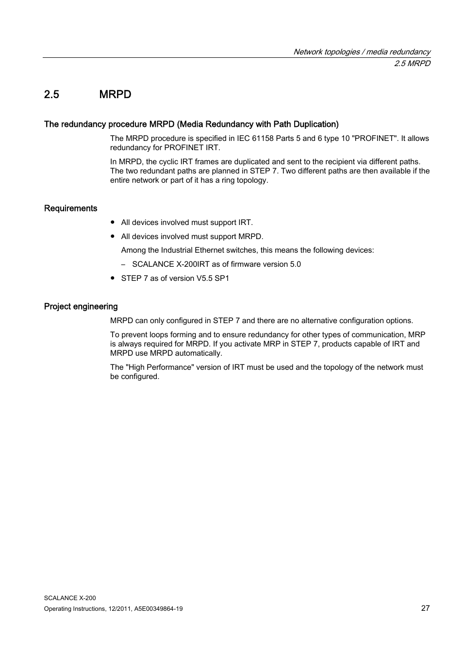 5 mrpd | Siemens Industrial Ethernet Switches SCALANCE X-200 User Manual | Page 27 / 296