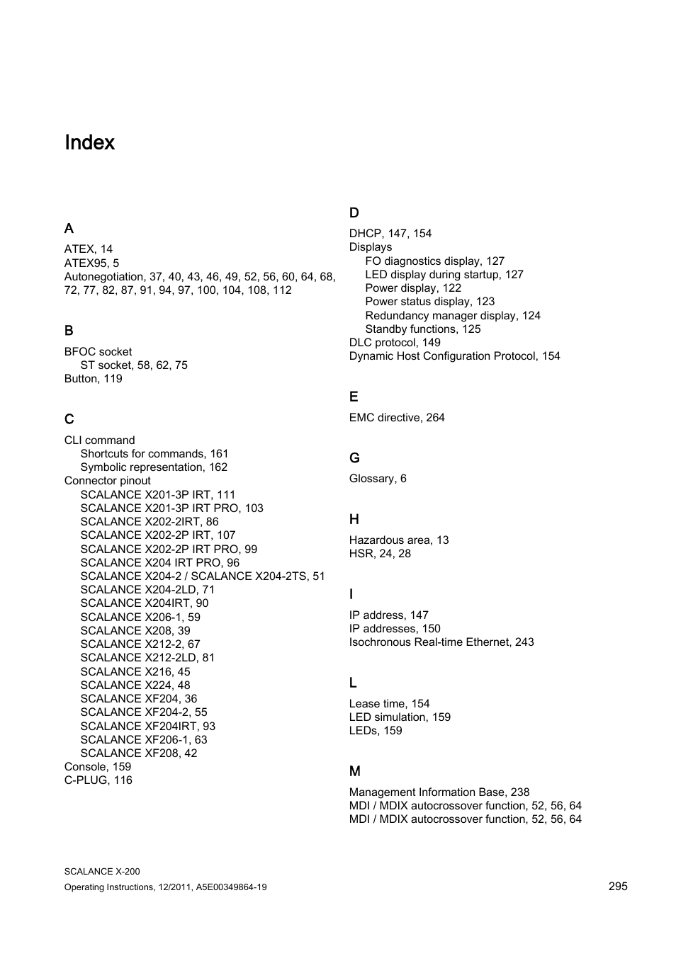 Index | Siemens Industrial Ethernet Switches SCALANCE X-200 User Manual | Page 295 / 296