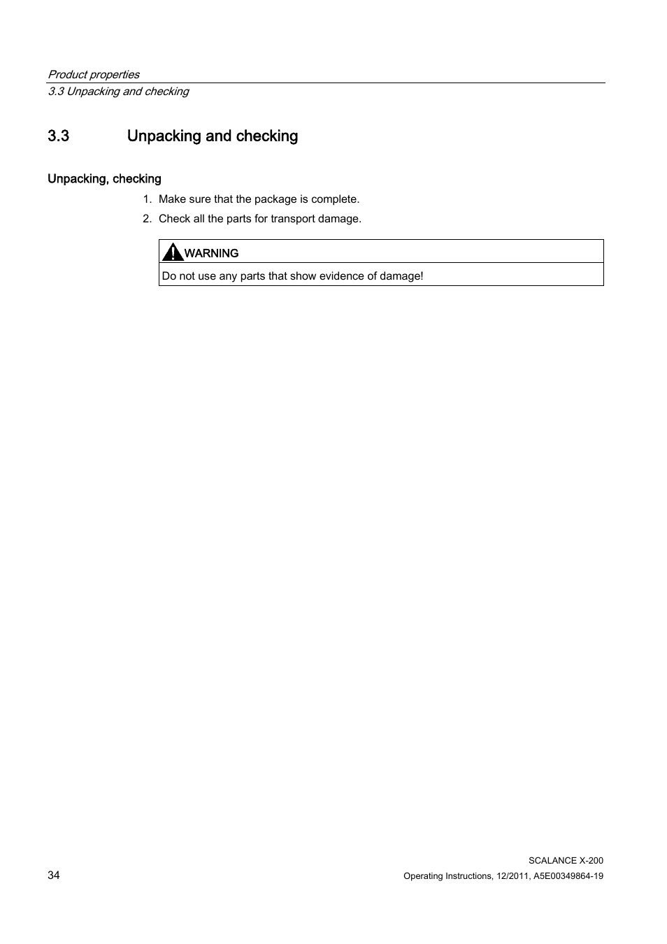 3 unpacking and checking | Siemens Industrial Ethernet Switches SCALANCE X-200 User Manual | Page 34 / 296