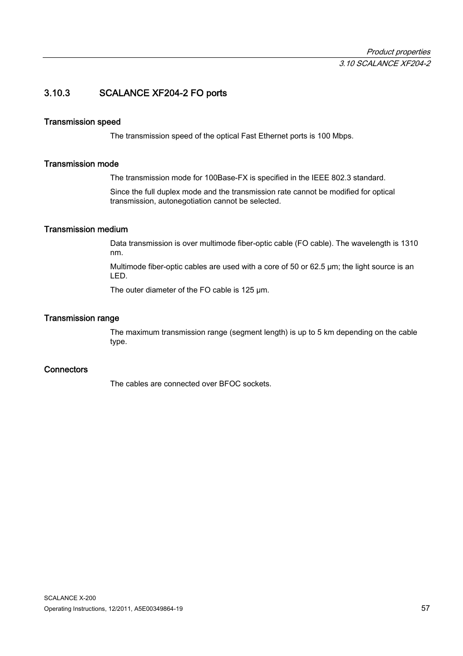 3 scalance xf204-2 fo ports | Siemens Industrial Ethernet Switches SCALANCE X-200 User Manual | Page 57 / 296