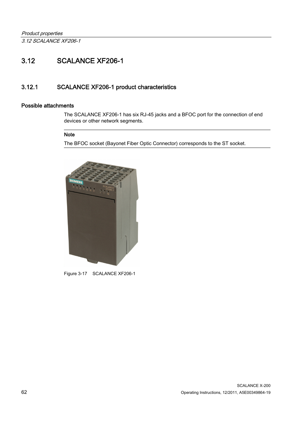 12 scalance xf206-1, 1 scalance xf206-1 product characteristics | Siemens Industrial Ethernet Switches SCALANCE X-200 User Manual | Page 62 / 296