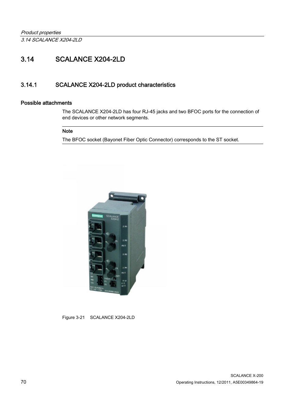 14 scalance x204-2ld, 1 scalance x204-2ld product characteristics | Siemens Industrial Ethernet Switches SCALANCE X-200 User Manual | Page 70 / 296