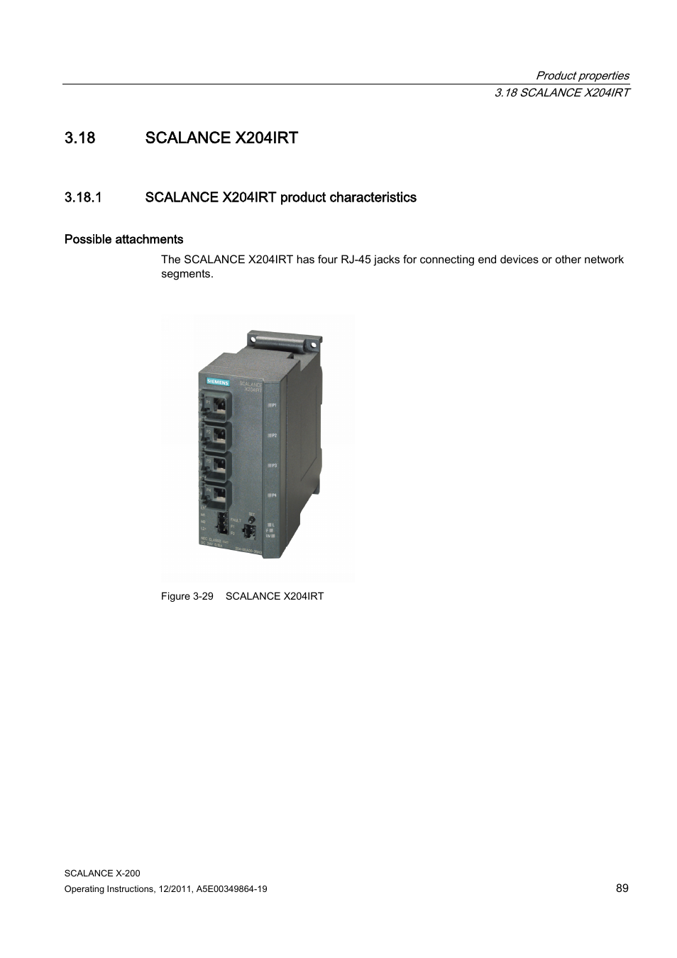 18 scalance x204irt, 1 scalance x204irt product characteristics | Siemens Industrial Ethernet Switches SCALANCE X-200 User Manual | Page 89 / 296