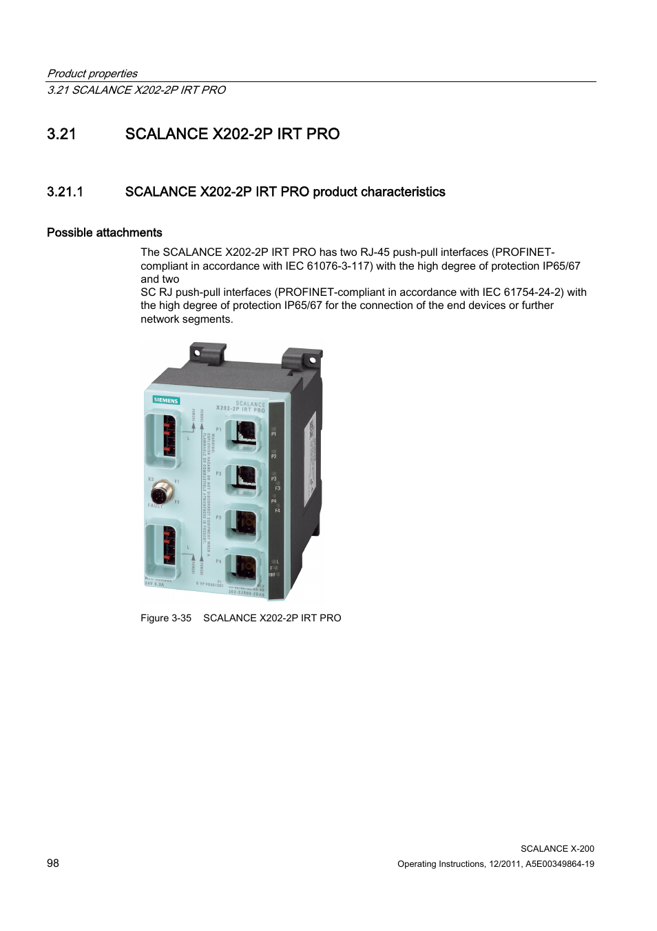 21 scalance x202-2p irt pro, 1 scalance x202-2p irt pro product characteristics | Siemens Industrial Ethernet Switches SCALANCE X-200 User Manual | Page 98 / 296