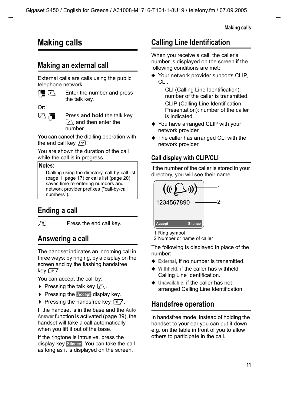 Making calls, Making an external call, Ending a call | Answering a call, Calling line identification, Call display with clip/cli, Handsfree operation | Siemens Gigaset S450 User Manual | Page 12 / 58