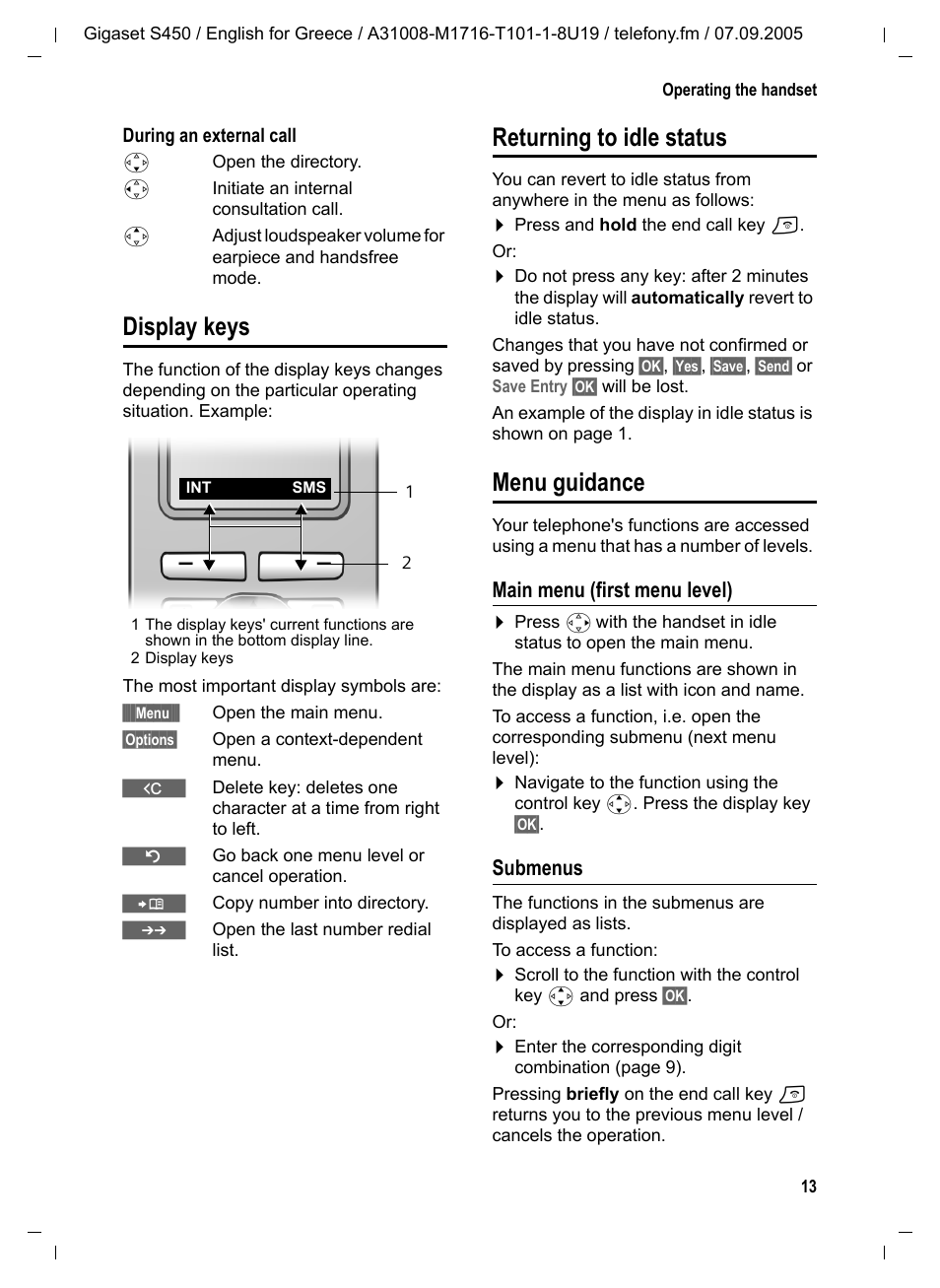 Display keys, Returning to idle status, Menu guidance | Main menu (first menu level), Submenus | Siemens Gigaset S450 User Manual | Page 14 / 58