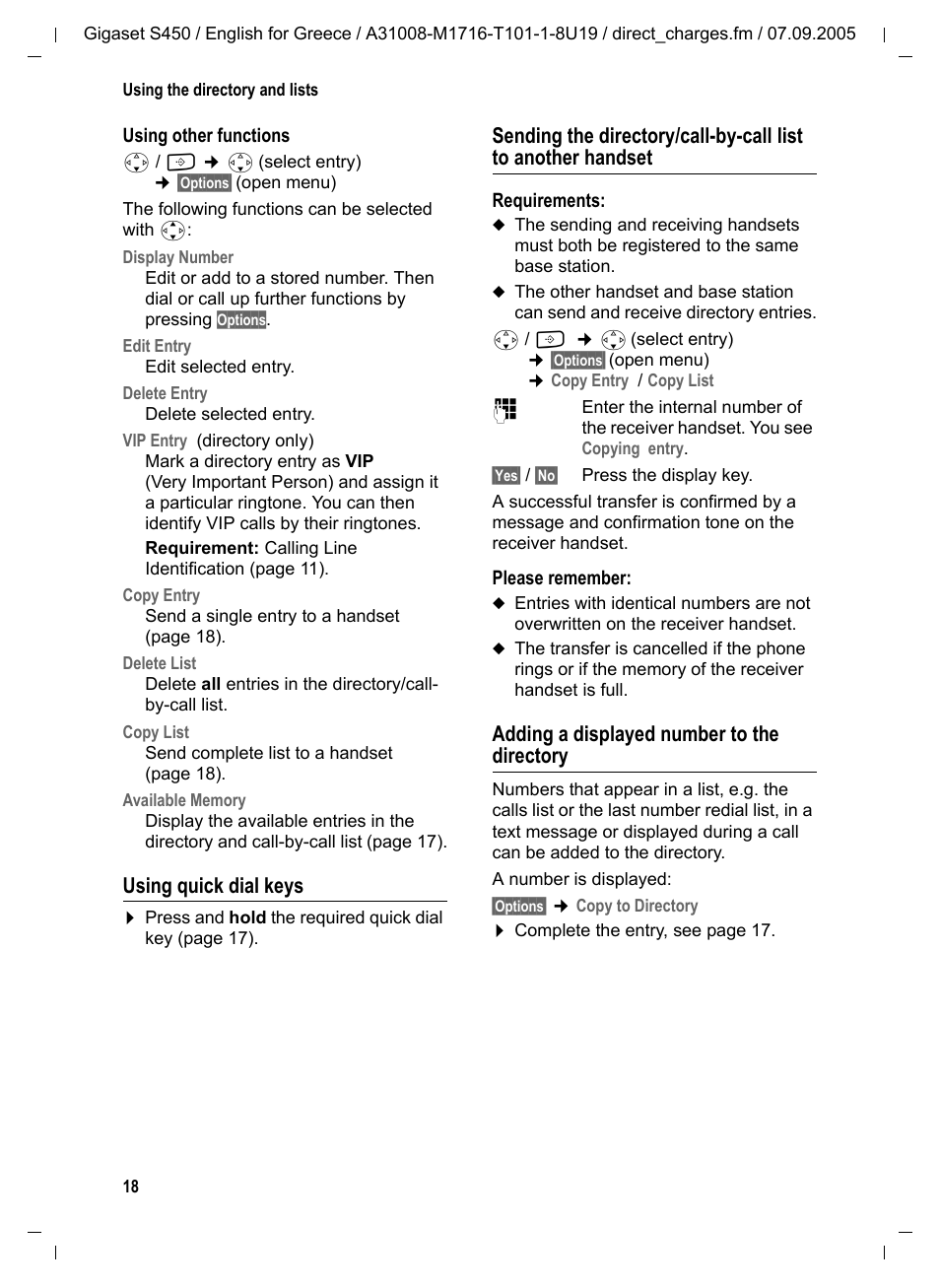 Using quick dial keys, Adding a displayed number to the directory | Siemens Gigaset S450 User Manual | Page 19 / 58