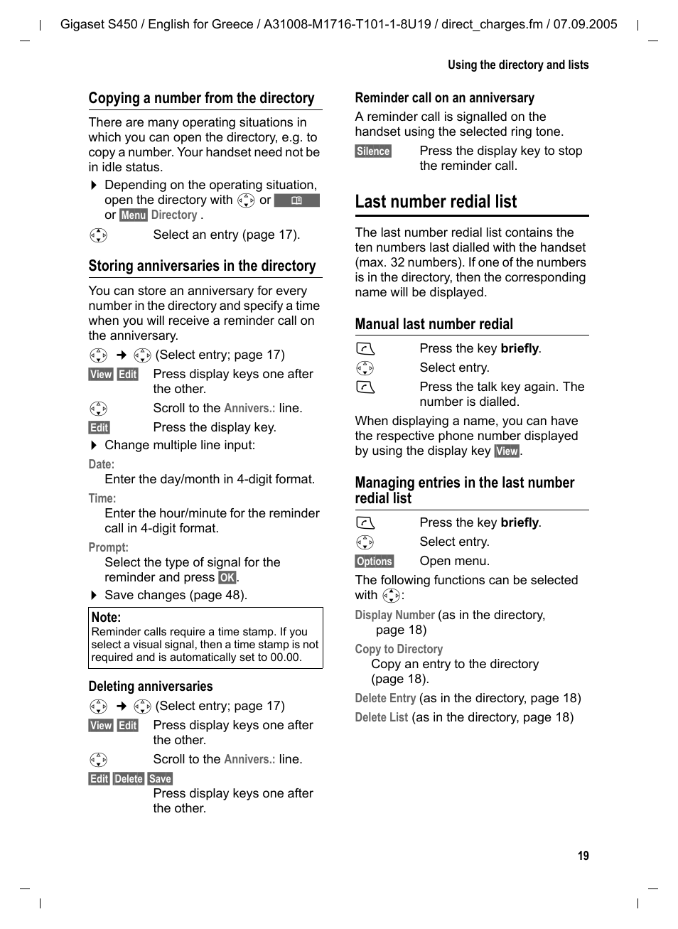 Storing anniversaries in the directory, Last number redial list, Manual last number redial | Managing entries in the last number redial list, Copying a number from the directory | Siemens Gigaset S450 User Manual | Page 20 / 58