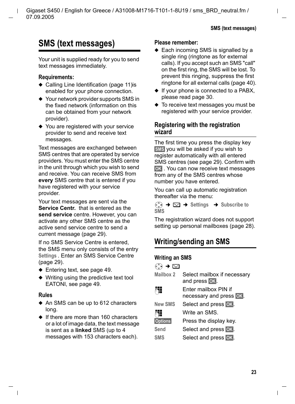 Sms (text messages), Registering with the registration wizard, Writing/sending an sms | Siemens Gigaset S450 User Manual | Page 24 / 58