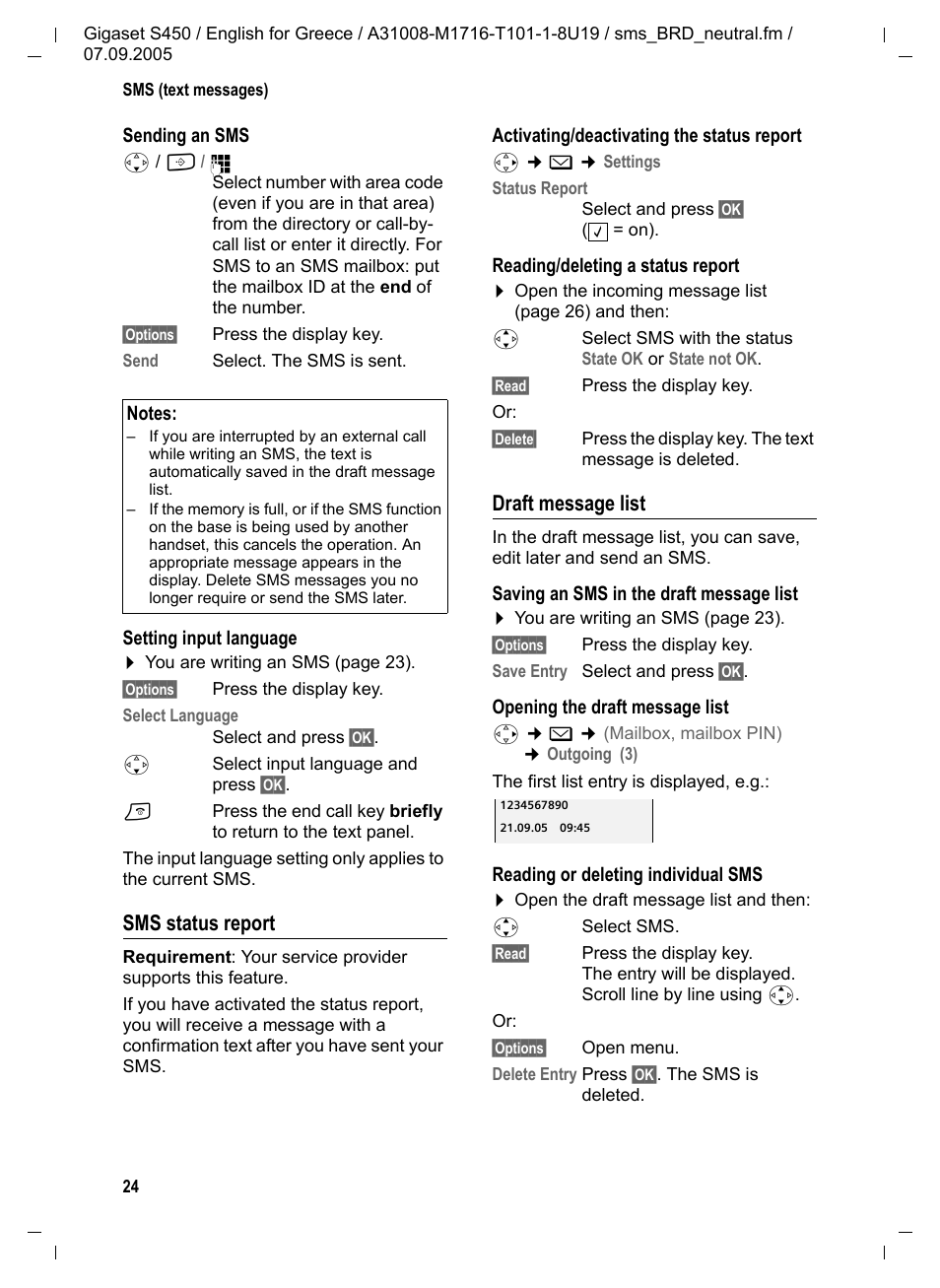 Sms status report, Draft message list | Siemens Gigaset S450 User Manual | Page 25 / 58