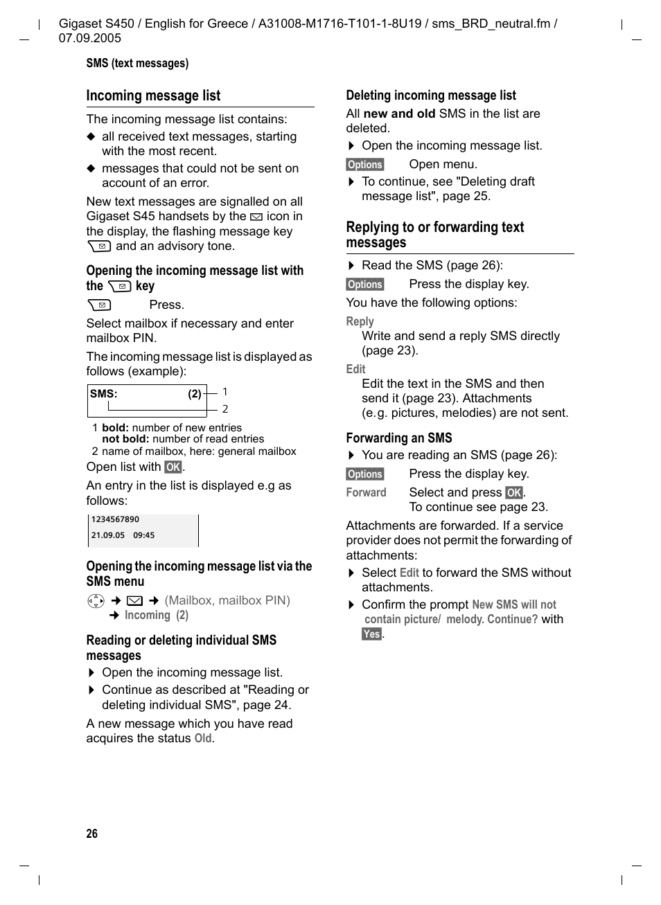 Replying to or forwarding text messages | Siemens Gigaset S450 User Manual | Page 27 / 58