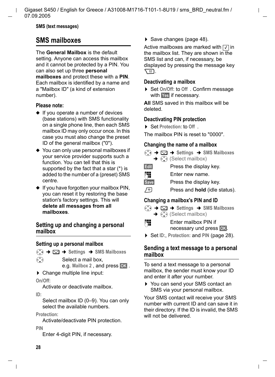 Sms mailboxes, Setting up and changing a personal mailbox, Sending a text message to a personal mailbox | Siemens Gigaset S450 User Manual | Page 29 / 58