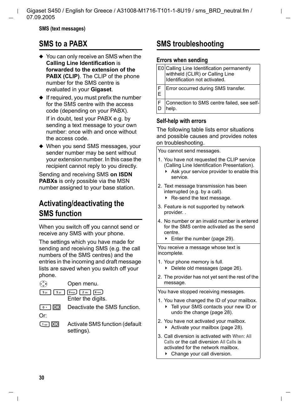 Sms to a pabx, Activating/deactivating the sms function, Sms troubleshooting | Siemens Gigaset S450 User Manual | Page 31 / 58