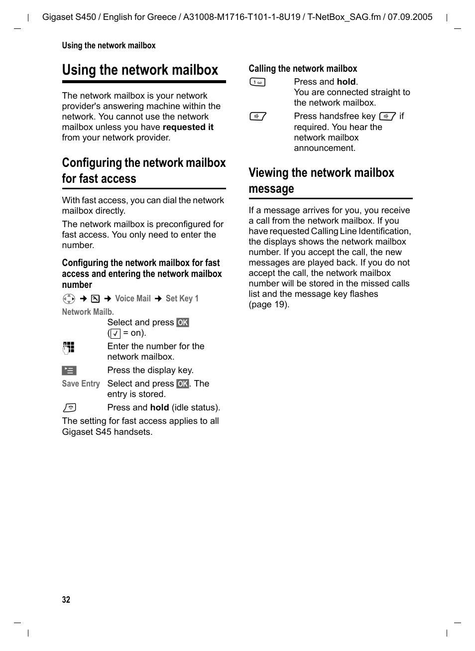 Using the network mailbox, Configuring the network mailbox for fast access, Viewing the network mailbox message | Siemens Gigaset S450 User Manual | Page 33 / 58