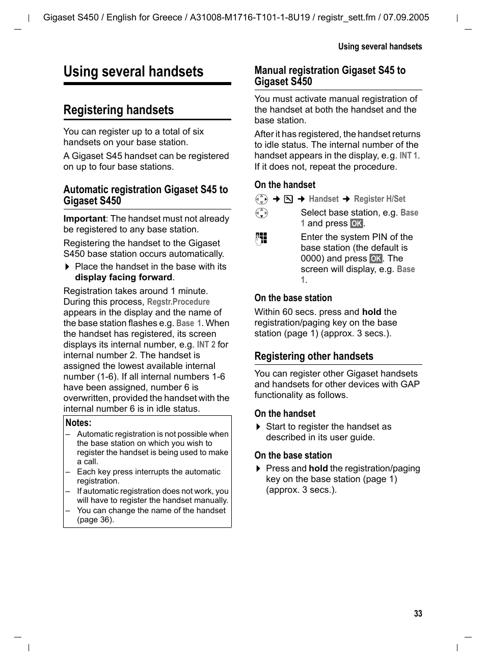 Using several handsets, Registering handsets, Automatic registration gigaset s45 to gigaset s450 | Registering other handsets | Siemens Gigaset S450 User Manual | Page 34 / 58