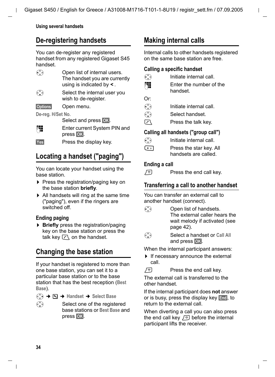 De-registering handsets, Locating a handset ("paging"), Changing the base station | Making internal calls, Transferring a call to another handset | Siemens Gigaset S450 User Manual | Page 35 / 58