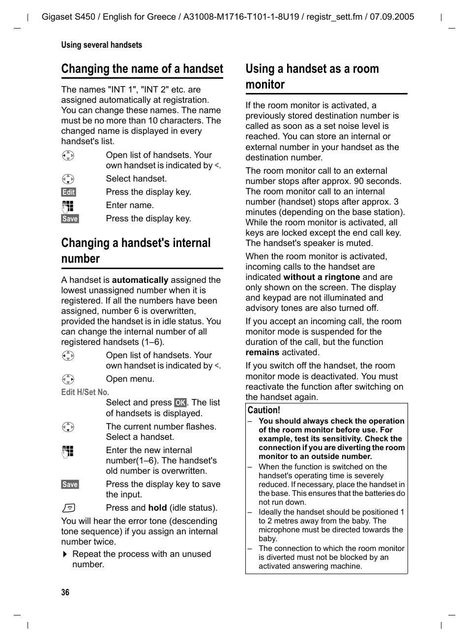 Changing the name of a handset, Changing a handset's internal number, Using a handset as a room monitor | Siemens Gigaset S450 User Manual | Page 37 / 58