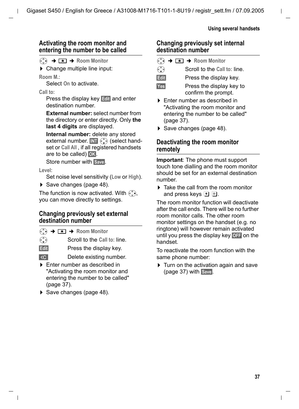 Deactivating the room monitor remotely | Siemens Gigaset S450 User Manual | Page 38 / 58