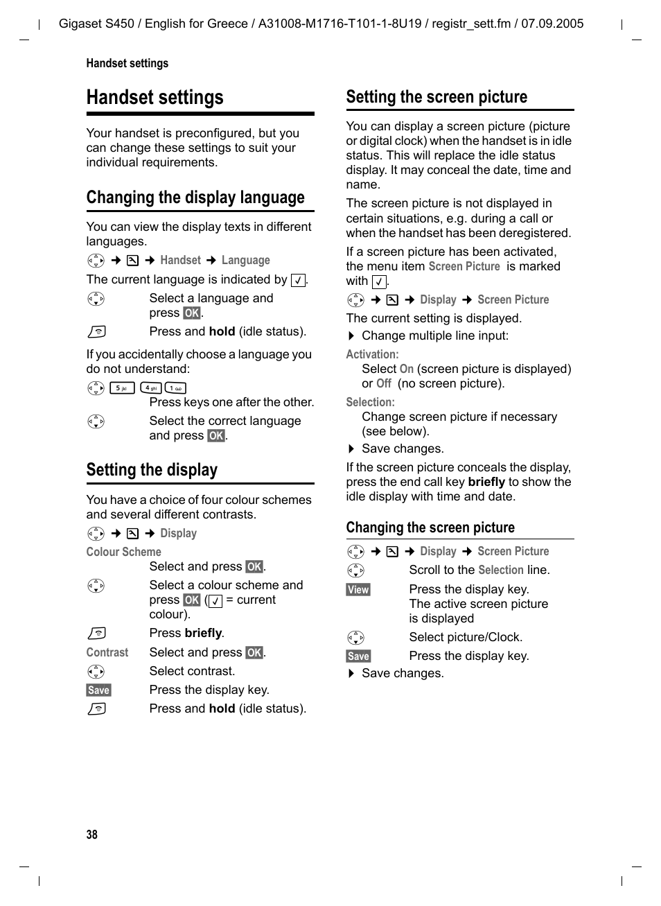 Changing the display language, Setting the display, Setting the screen picture | Changing the screen picture, Handset settings | Siemens Gigaset S450 User Manual | Page 39 / 58