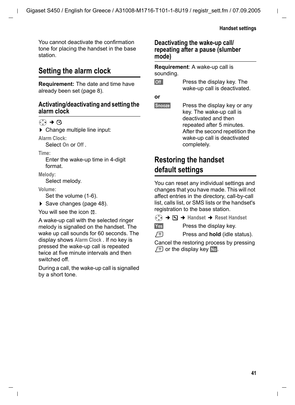 Setting the alarm clock, Restoring the handset default settings | Siemens Gigaset S450 User Manual | Page 42 / 58