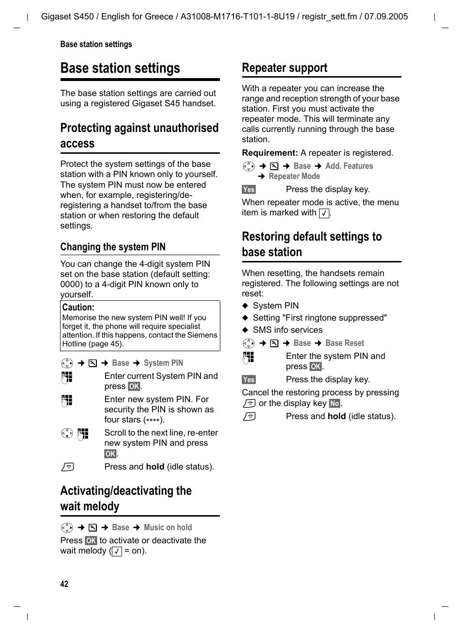 Protecting against unauthorised access, Changing the system pin, Activating/deactivating the wait melody | Repeater support, Restoring default settings to base station, Base station settings | Siemens Gigaset S450 User Manual | Page 43 / 58