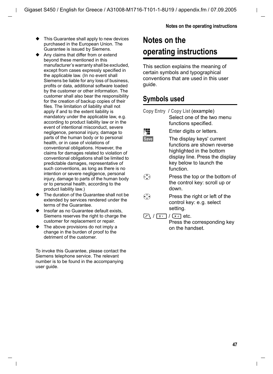 Symbols used, Notes on the operating instructions | Siemens Gigaset S450 User Manual | Page 48 / 58