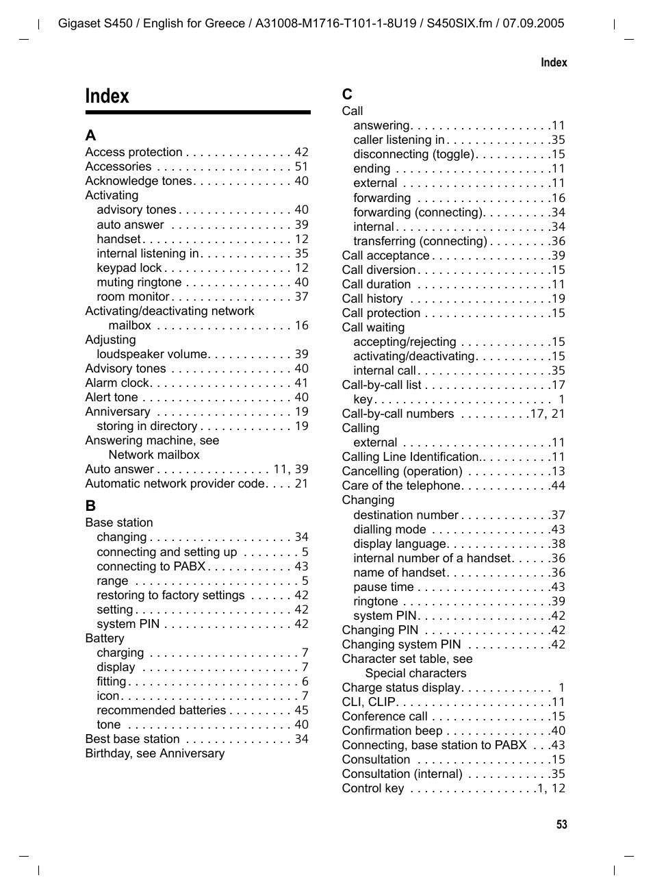 Index | Siemens Gigaset S450 User Manual | Page 54 / 58