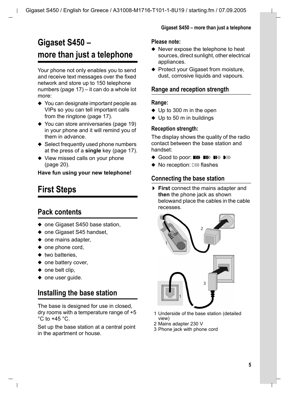 Gigaset s450 - more than just a telephone, First steps, Pack contents | Installing the base station, Range and reception strength, Connecting the base station, Pack contents installing the base station, Gigaset s450 – more than just a telephone | Siemens Gigaset S450 User Manual | Page 6 / 58